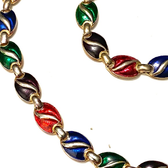 Vintage SET Necklace Bracelet Jewel Tones Enamel - Picture 2 of 4